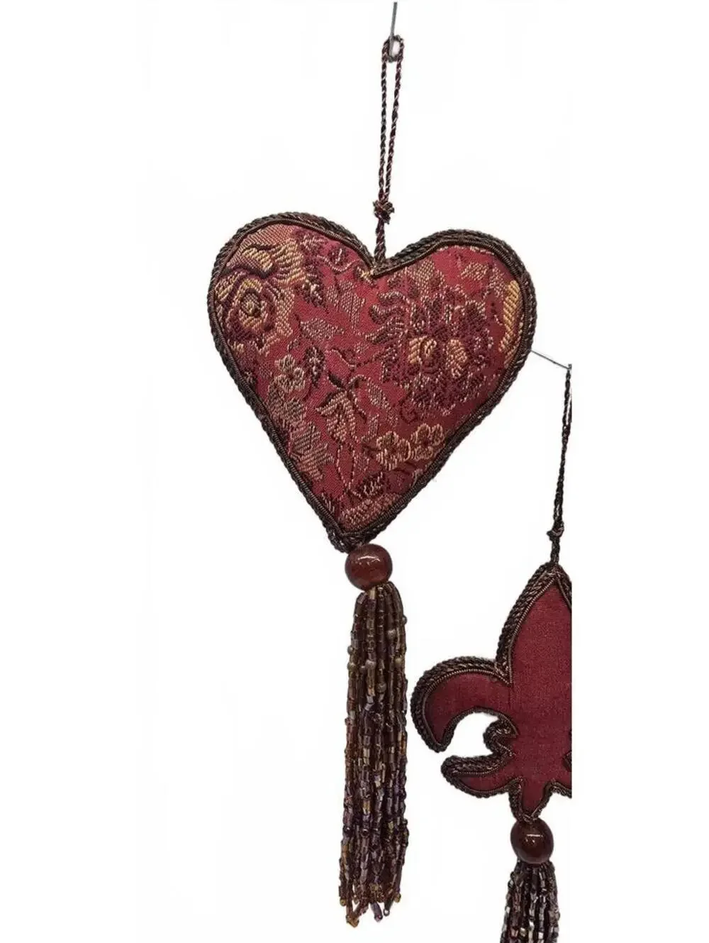 Set of 4 Vintage Style Burgundy Fabric Tassel Ornaments with Heart and Fleur-de-